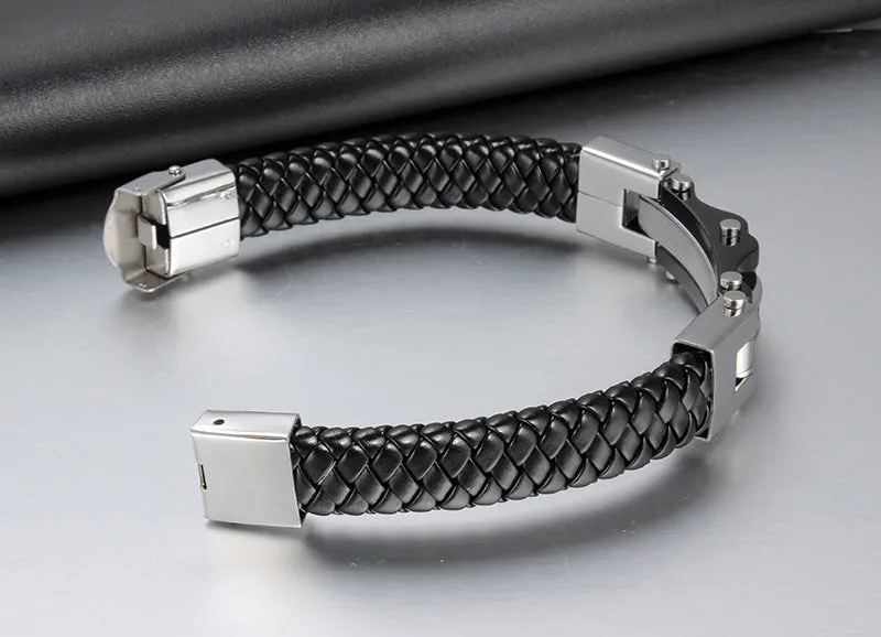 Stainless Steel Cable Wire Braided Leather Bracelet