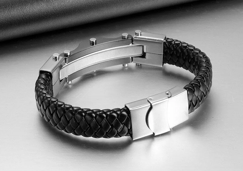 Stainless Steel Cable Wire Braided Leather Bracelet