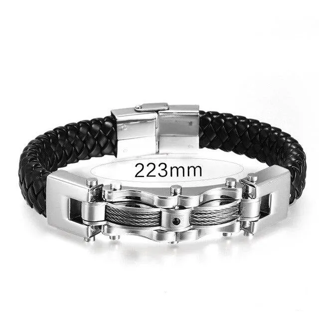 Stainless Steel Cable Wire Braided Leather Bracelet