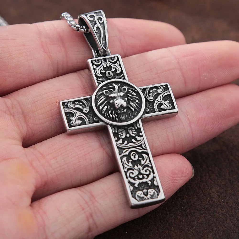 Stainless Steel Viking Lion Cross Pendant Necklace