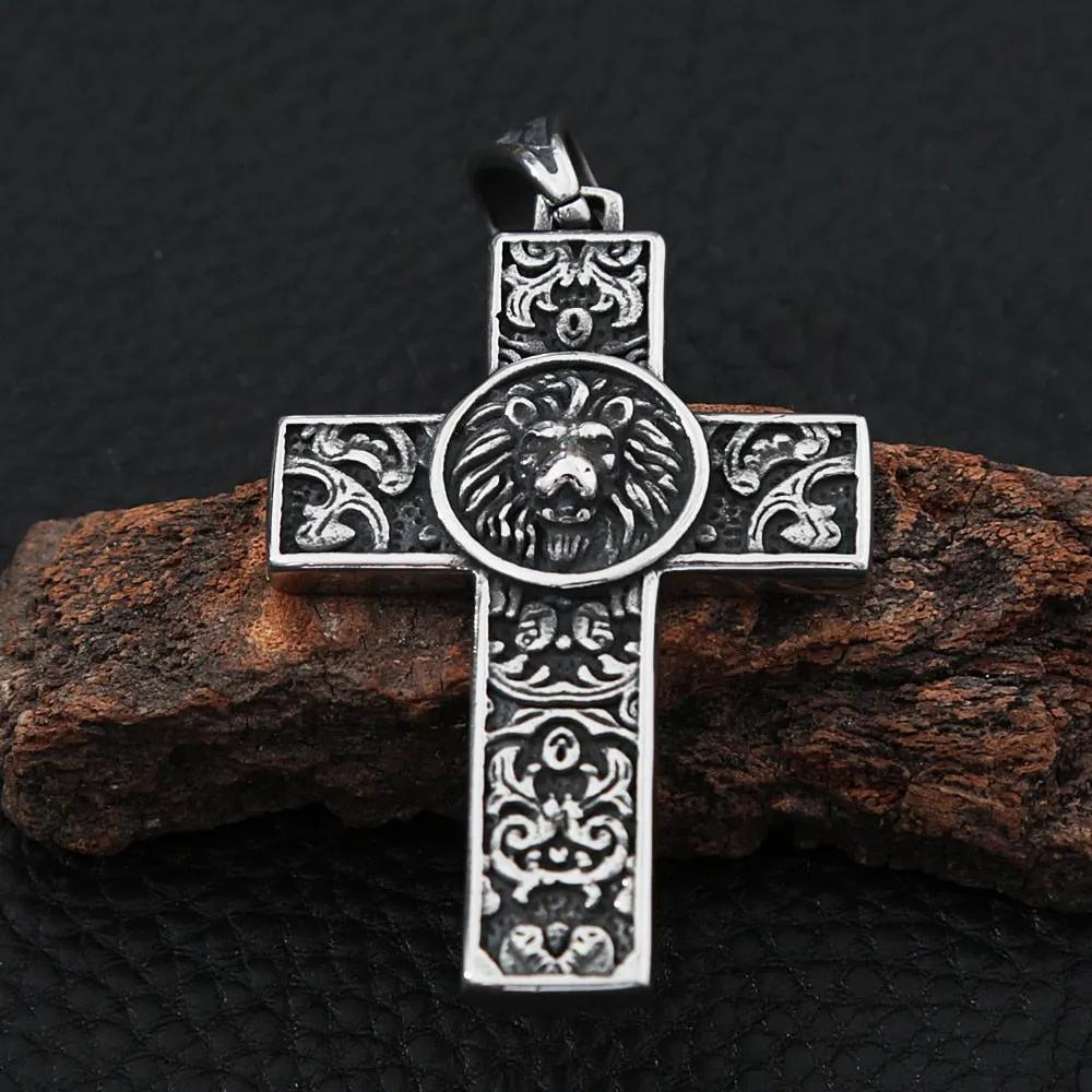 Stainless Steel Viking Lion Cross Pendant Necklace