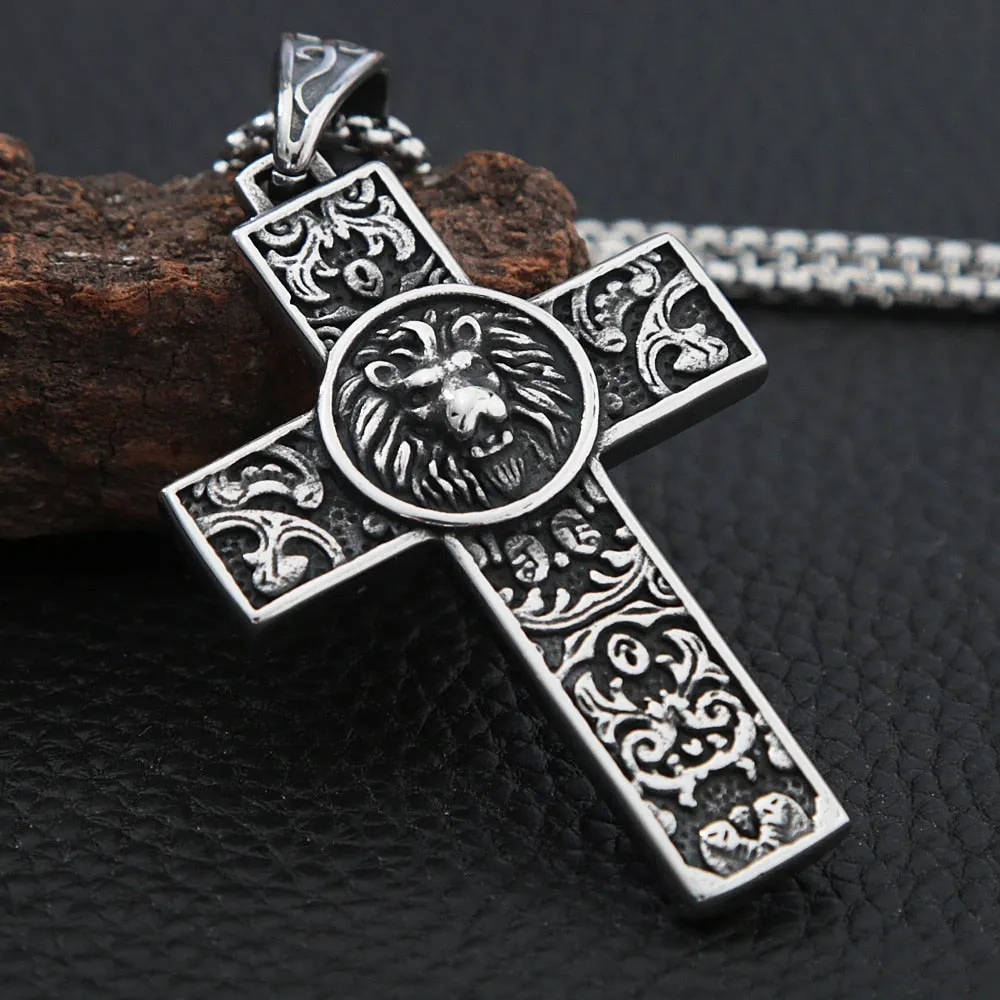 Stainless Steel Viking Lion Cross Pendant Necklace