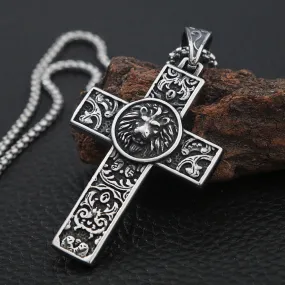 Stainless Steel Viking Lion Cross Pendant Necklace