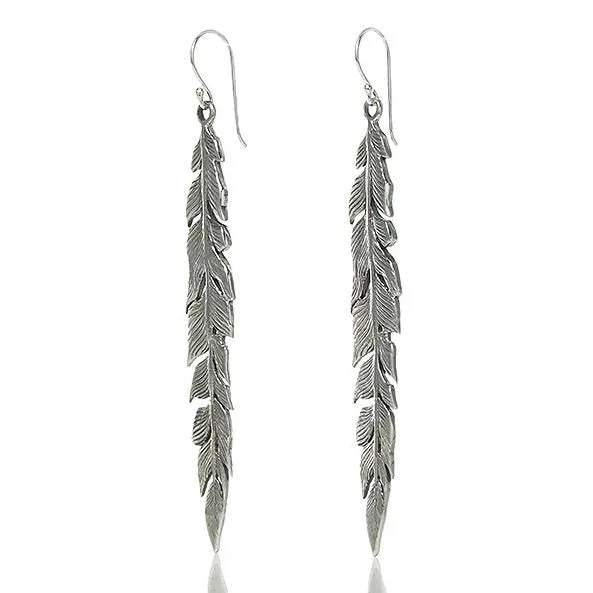 Sterling Silver Long Fancy Feather Earrings