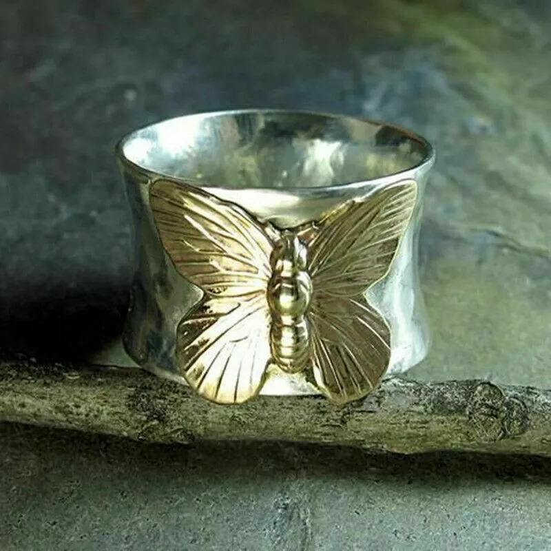 Sterling Silver Two-Tone Hammered Butterfly Ring