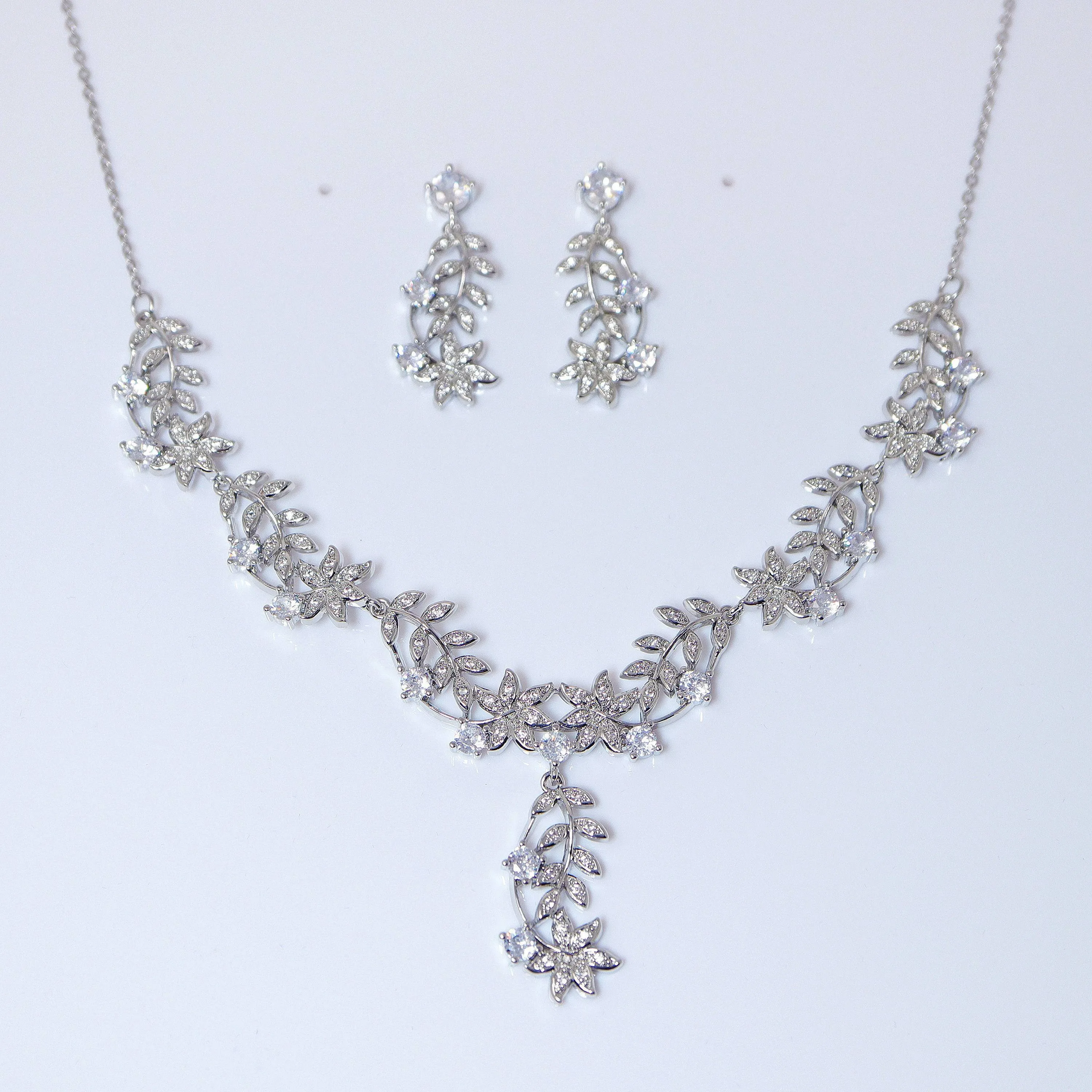 Swarovski Dancing Floral Vine Leaves Necklace, Long Bridal Jewelry, Bridal Earrings And Necklace, Statement Earrings Cz Necklace Set.