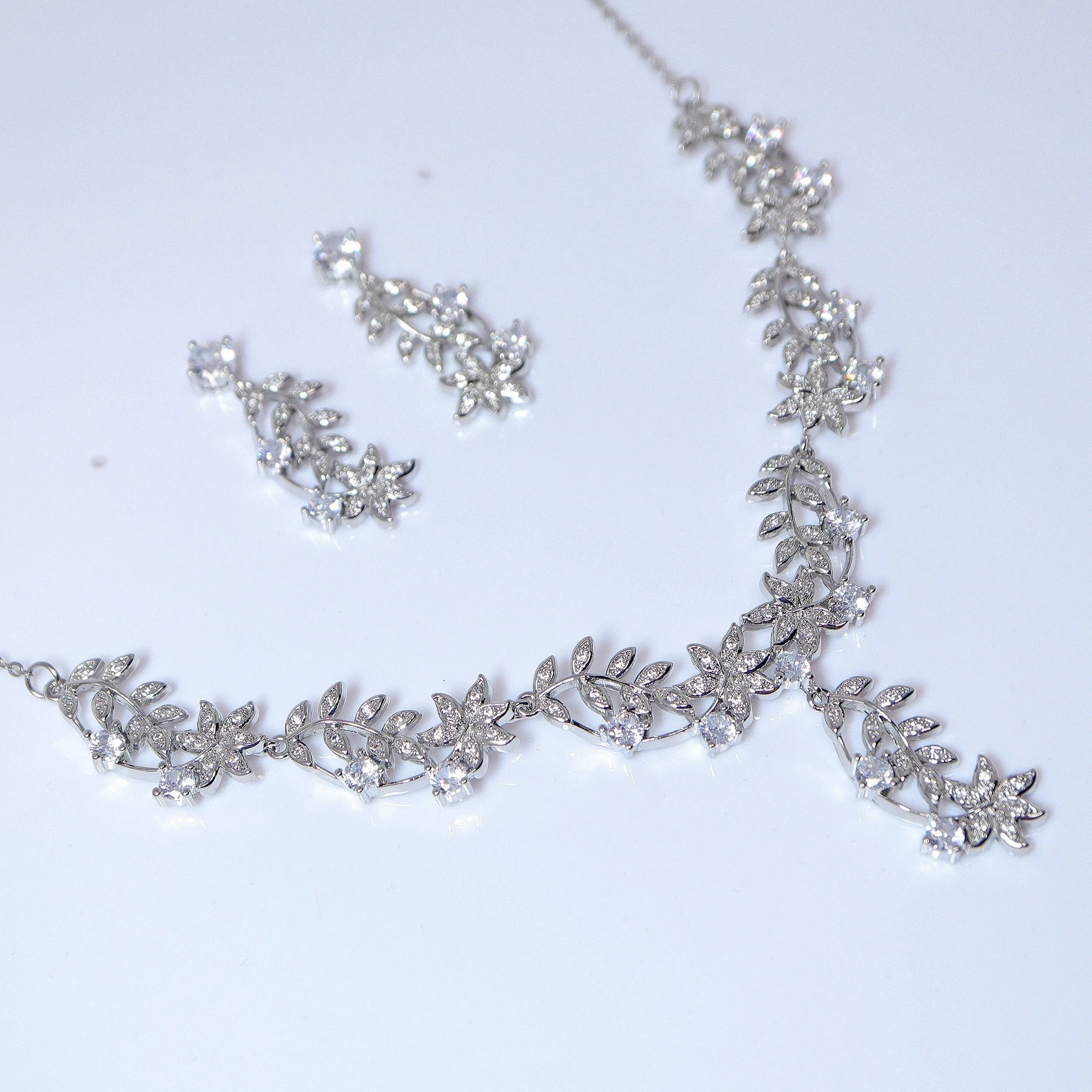 Swarovski Dancing Floral Vine Leaves Necklace, Long Bridal Jewelry, Bridal Earrings And Necklace, Statement Earrings Cz Necklace Set.