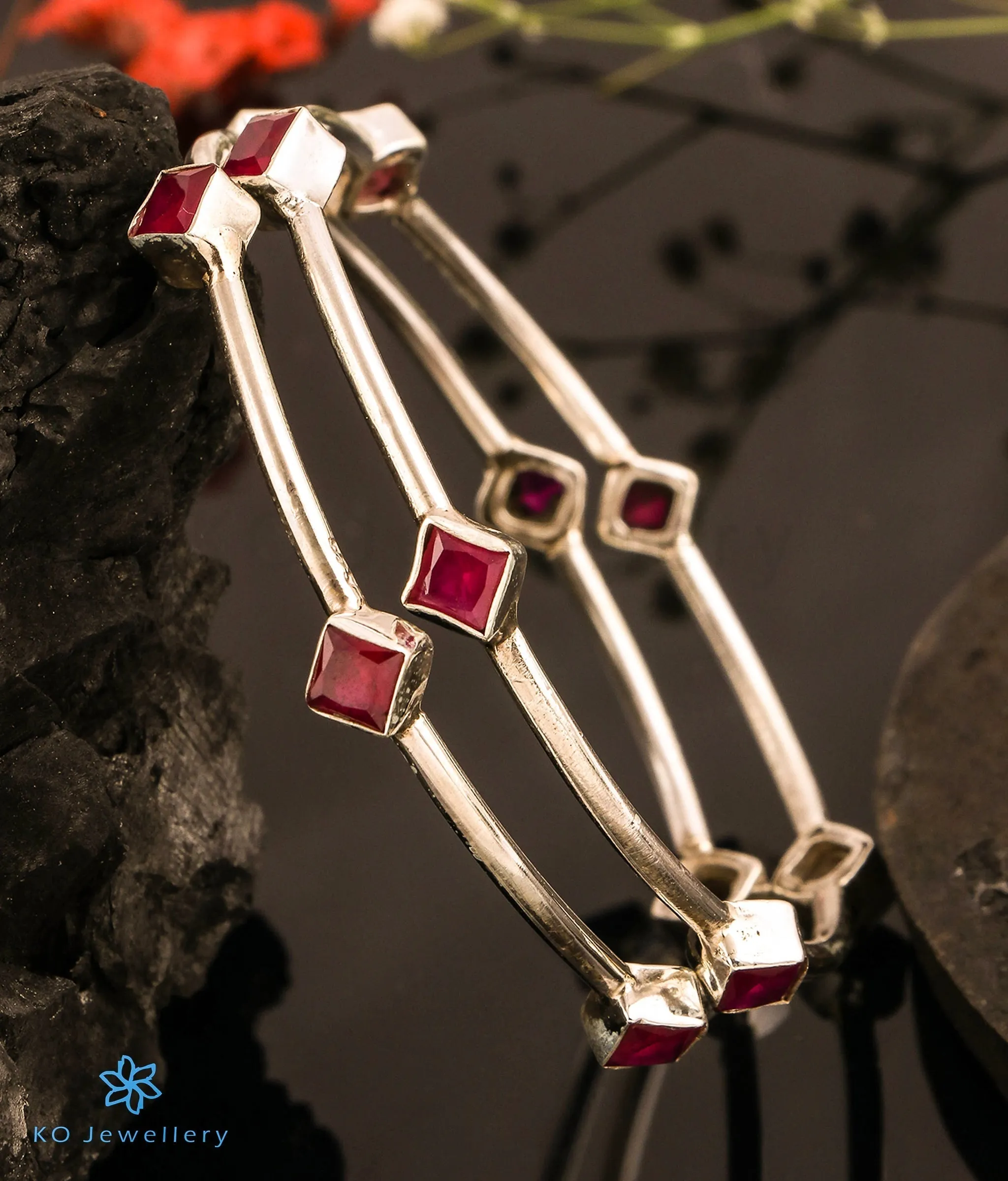 The Disha Silver Gemstone Bangle (Red/Size 2.4)