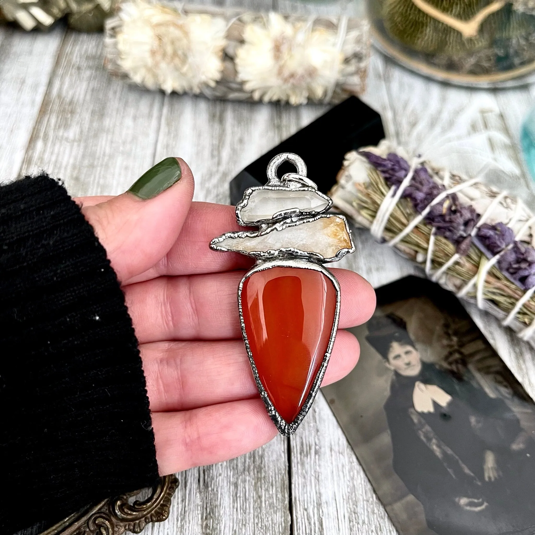 Three Stone Clear Quartz Yellow Citrine Red Carnelian Necklace in Fine Silver / Foxlark Collection - One of a Kind Jewelry /