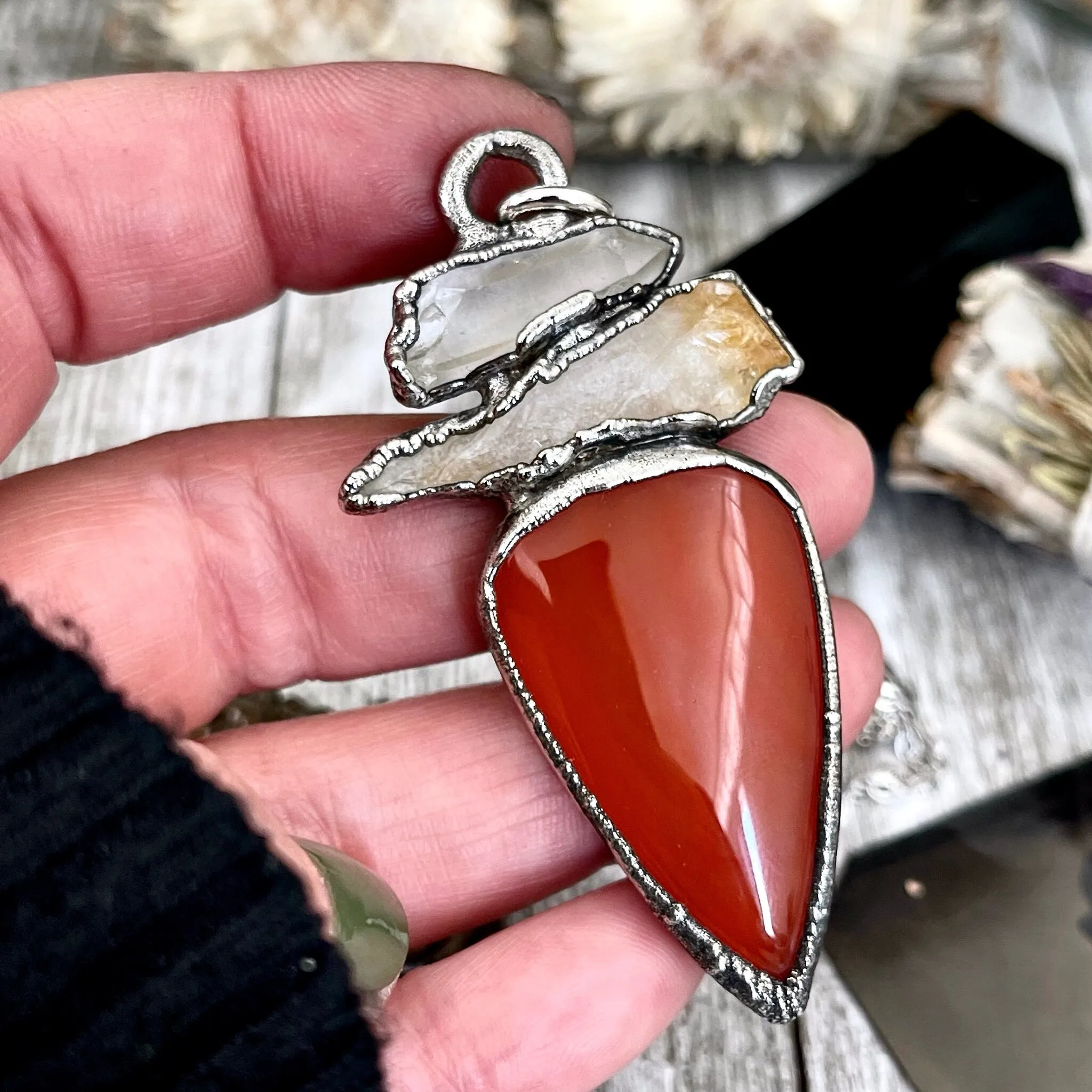 Three Stone Clear Quartz Yellow Citrine Red Carnelian Necklace in Fine Silver / Foxlark Collection - One of a Kind Jewelry /