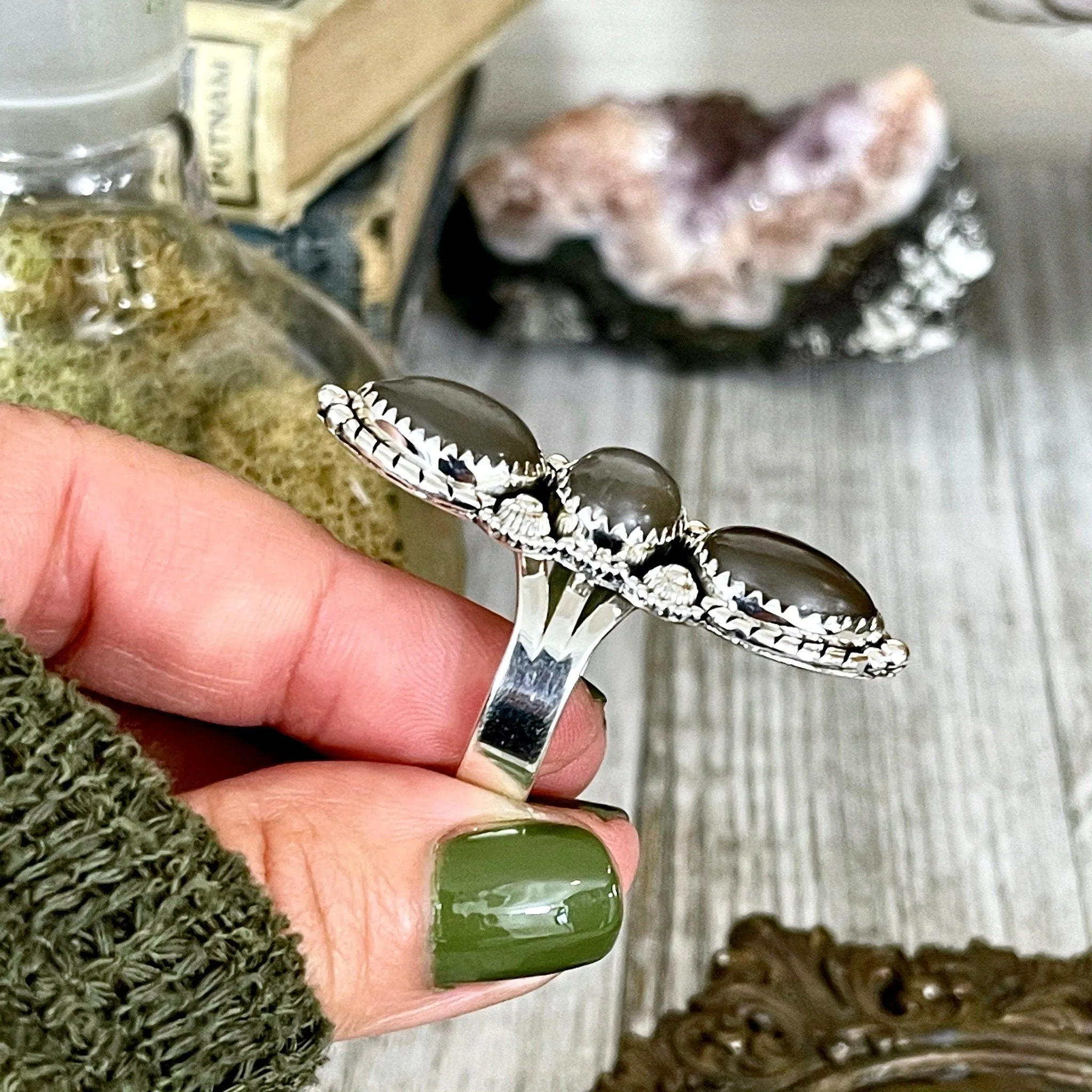 Three Stone Grey Moonstone Ring in Solid Sterling Silver- Designed by FOXLARK Collection Size 5 6 7 8 9 10 11 / Gothic Jewelry