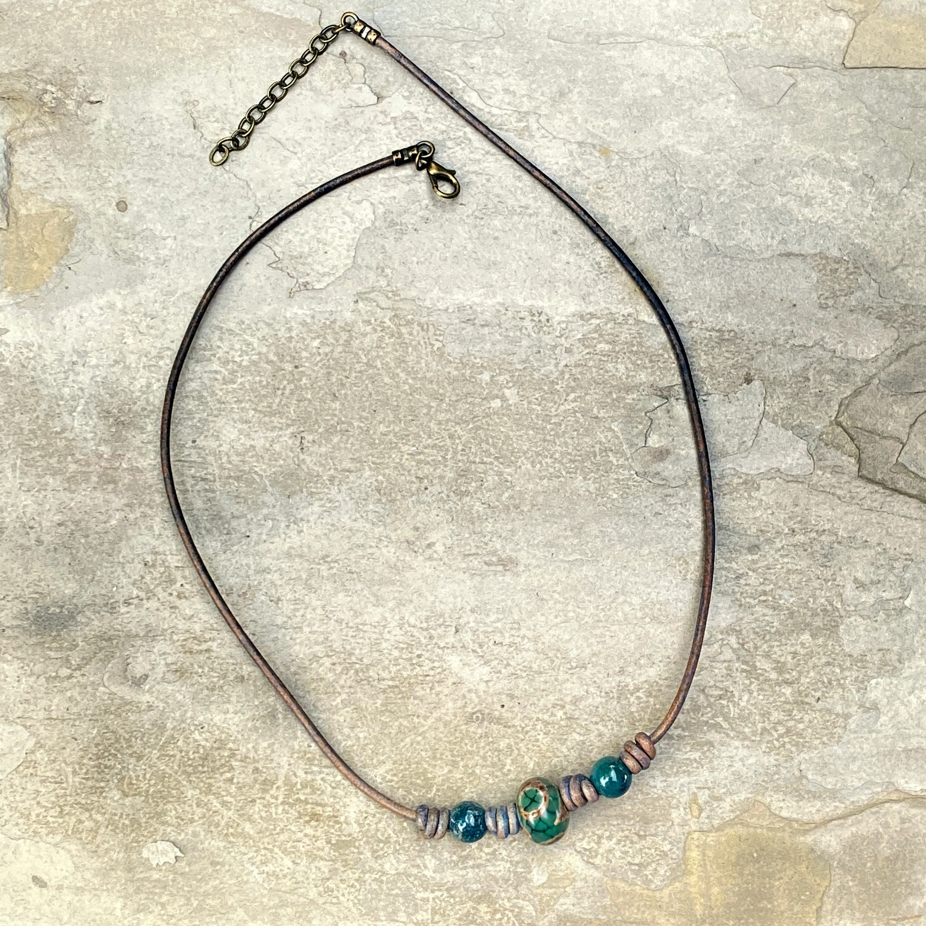 Tibetan Agate and Green Agate Leather Necklace