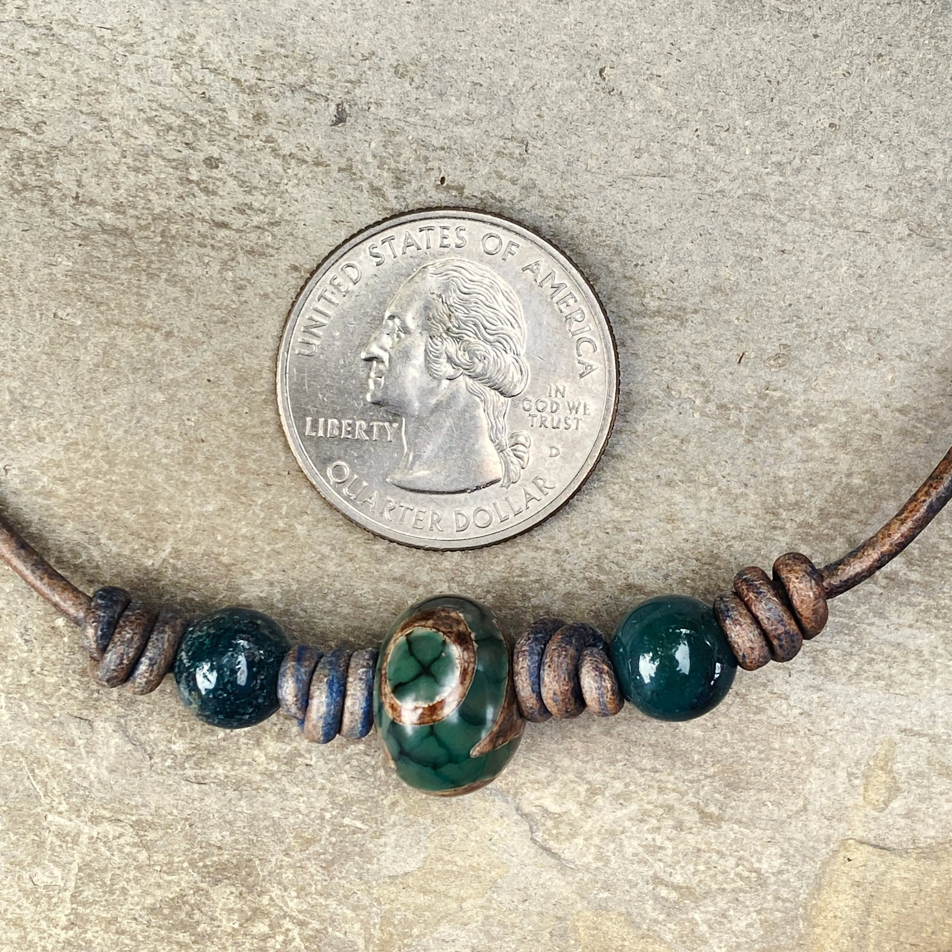 Tibetan Agate and Green Agate Leather Necklace