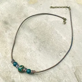 Tibetan Agate and Green Agate Leather Necklace