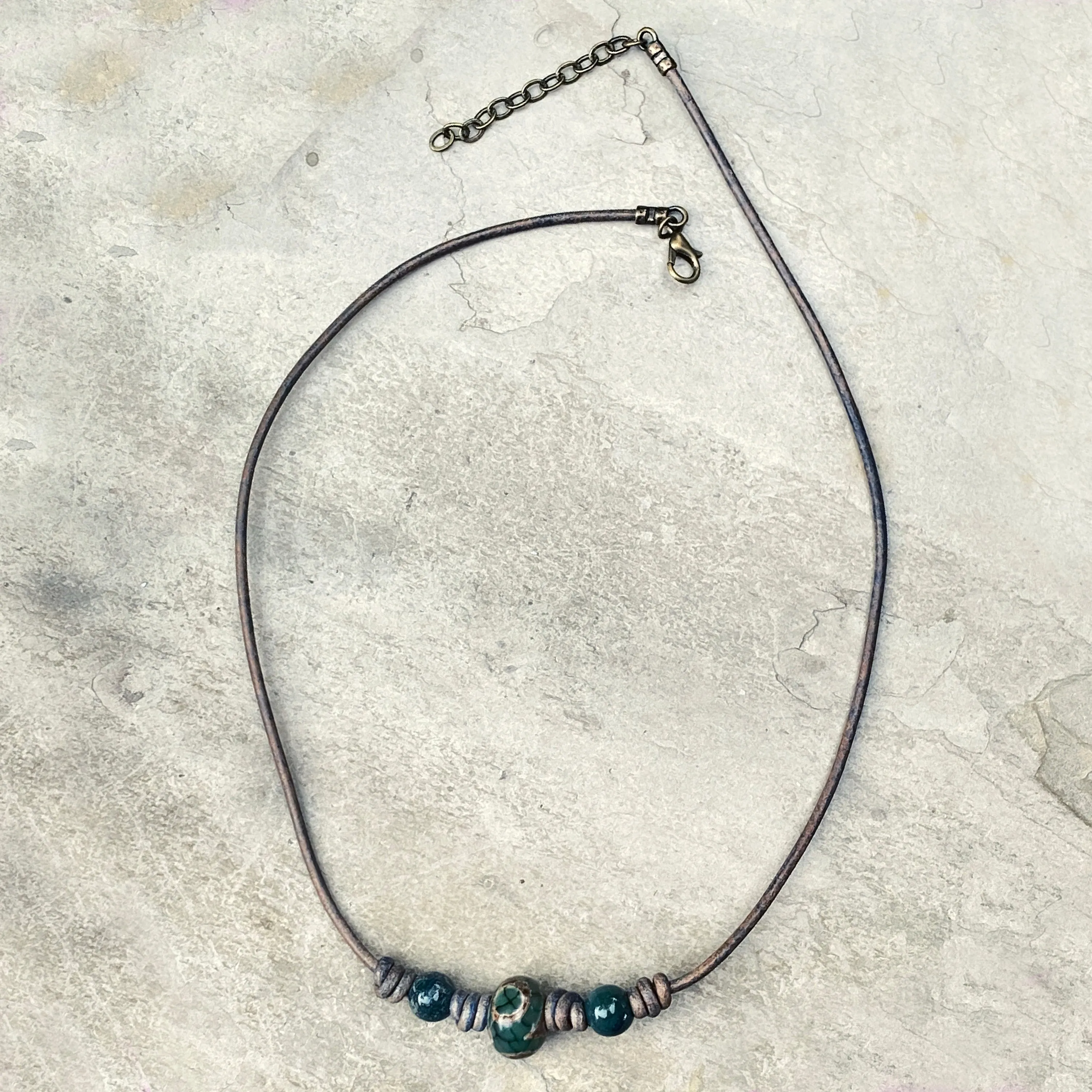 Tibetan Agate and Green Agate Leather Necklace