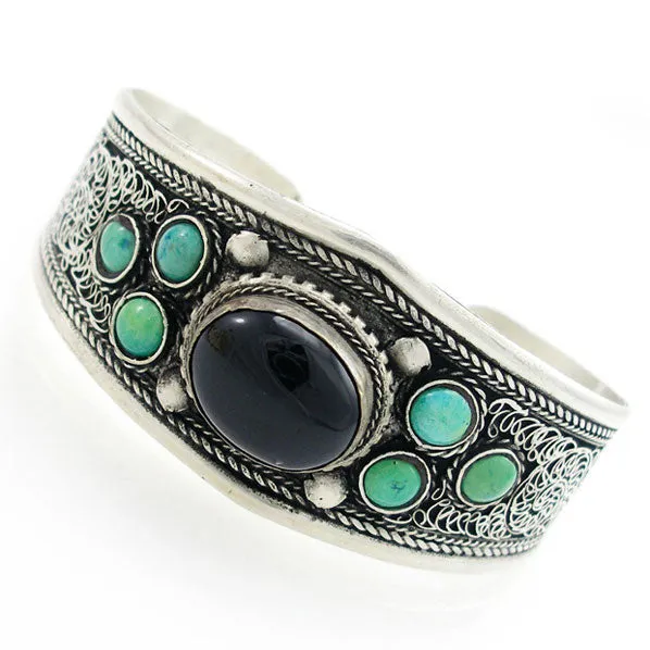 Tibetan Filigreed Cuff Bracelet w/ Jadeite Cabochon & Turquiose Beads