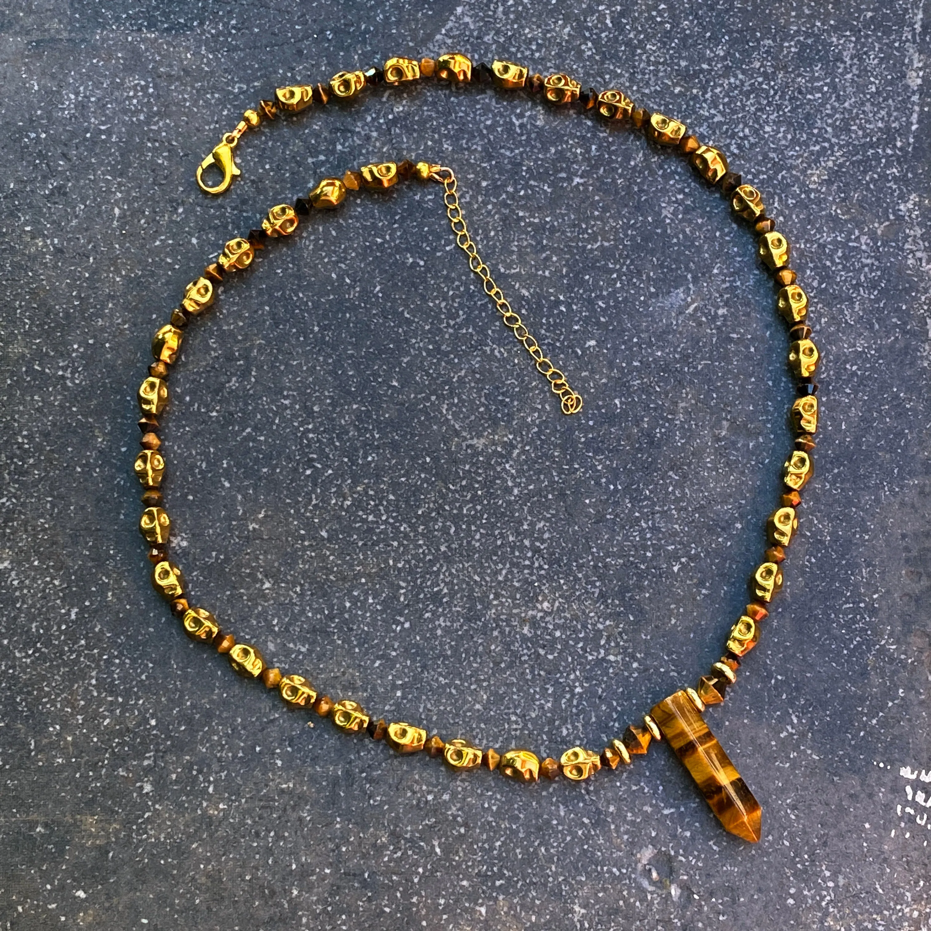 Tiger Eye and Hematite Skull Necklace