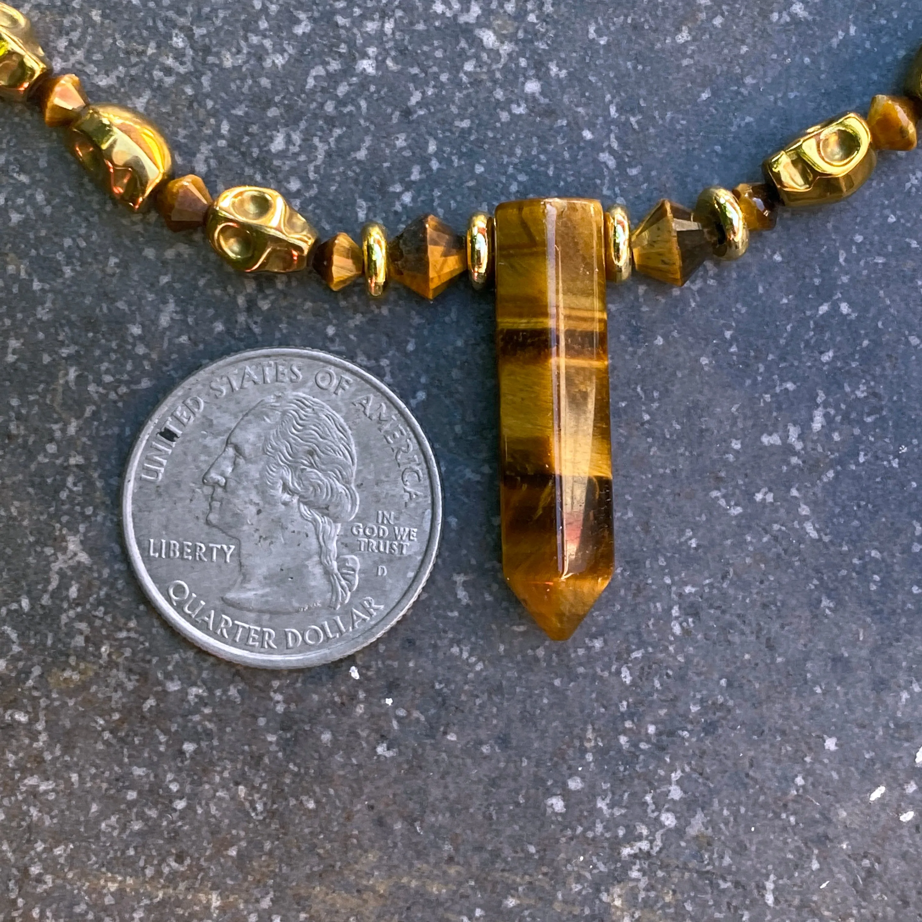 Tiger Eye and Hematite Skull Necklace