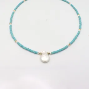 Turquoise Japanese Beaded Necklace with Keishi Pearl