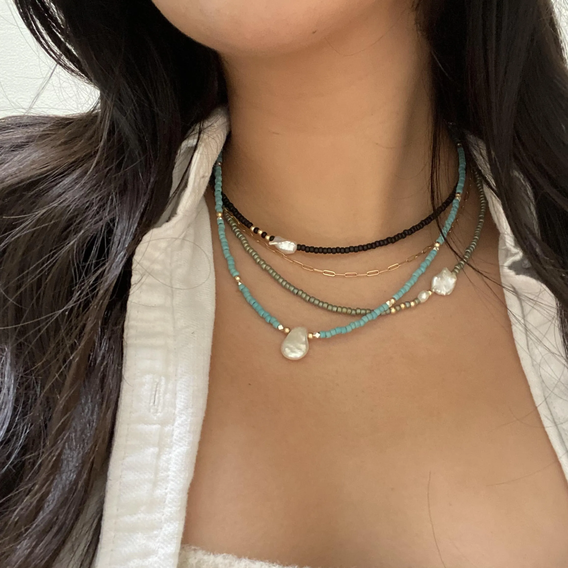 Turquoise Japanese Beaded Necklace with Keishi Pearl