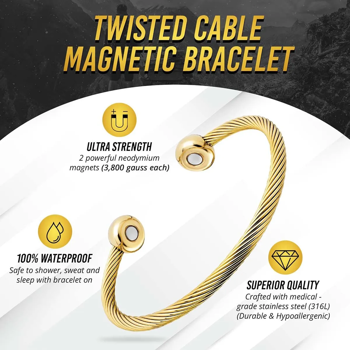 Twisted Cable Magnetic Bracelet Cuff (Gold)