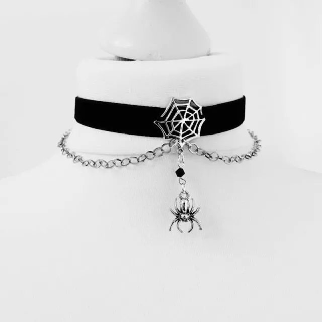 Unique Black Velvet Hanging Spider Choker Necklace