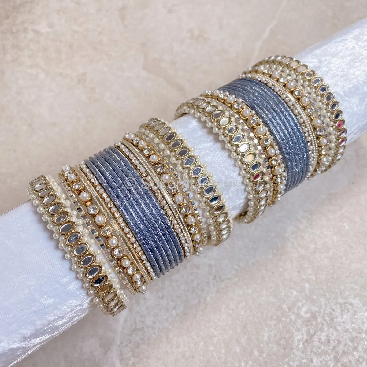 Urvi Mirror Bangle Set - Grey