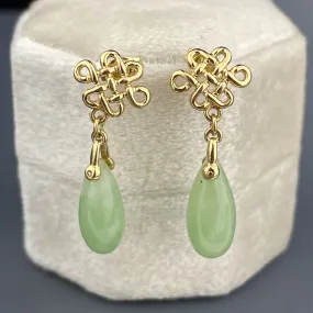 Vintage 14K Gold Celtic Love Knot Natural Jade Teardrop Earrings