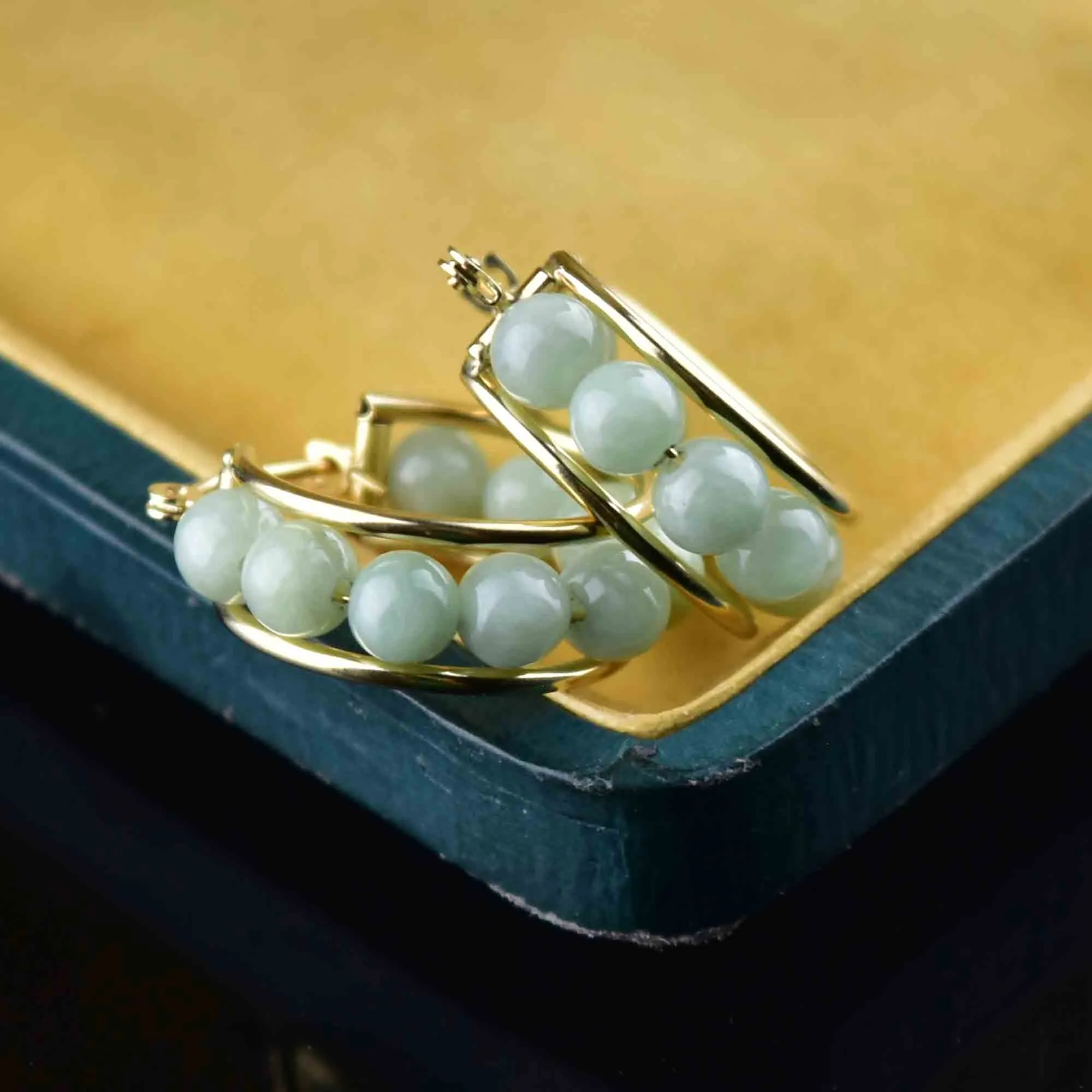 Vintage 14K Gold Jade Ball Hoop Earrings