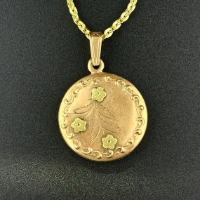 Vintage 14K Two Tone Gold Forget Me Not Round Pendant Necklace