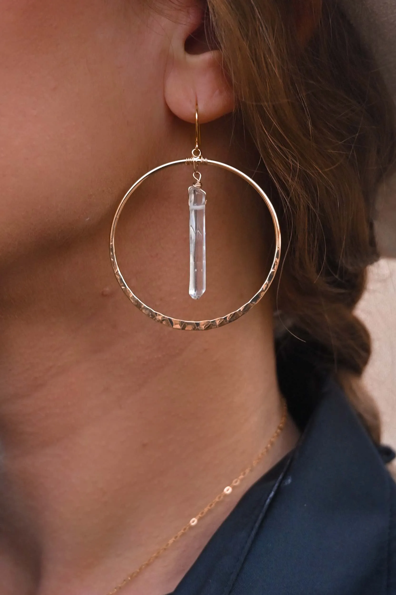 Wands of Light Quartz Silver Hoops