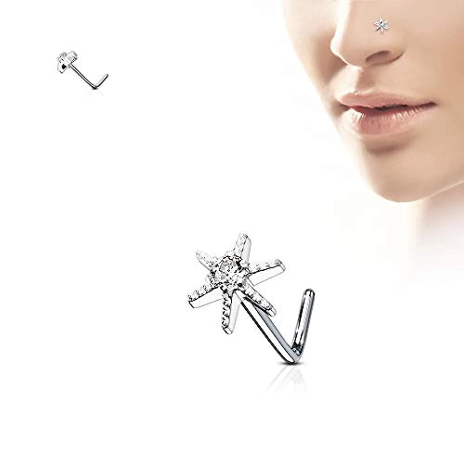 WildKlass CZ Centered Starburst 316L Surgical Steel L Bend Nose Stud Rings