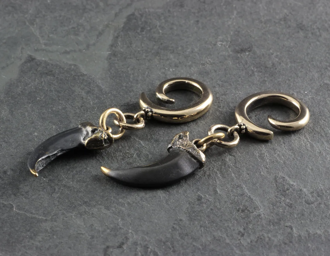 Wolf Claw Gauged Spiral Earrings - Bronze