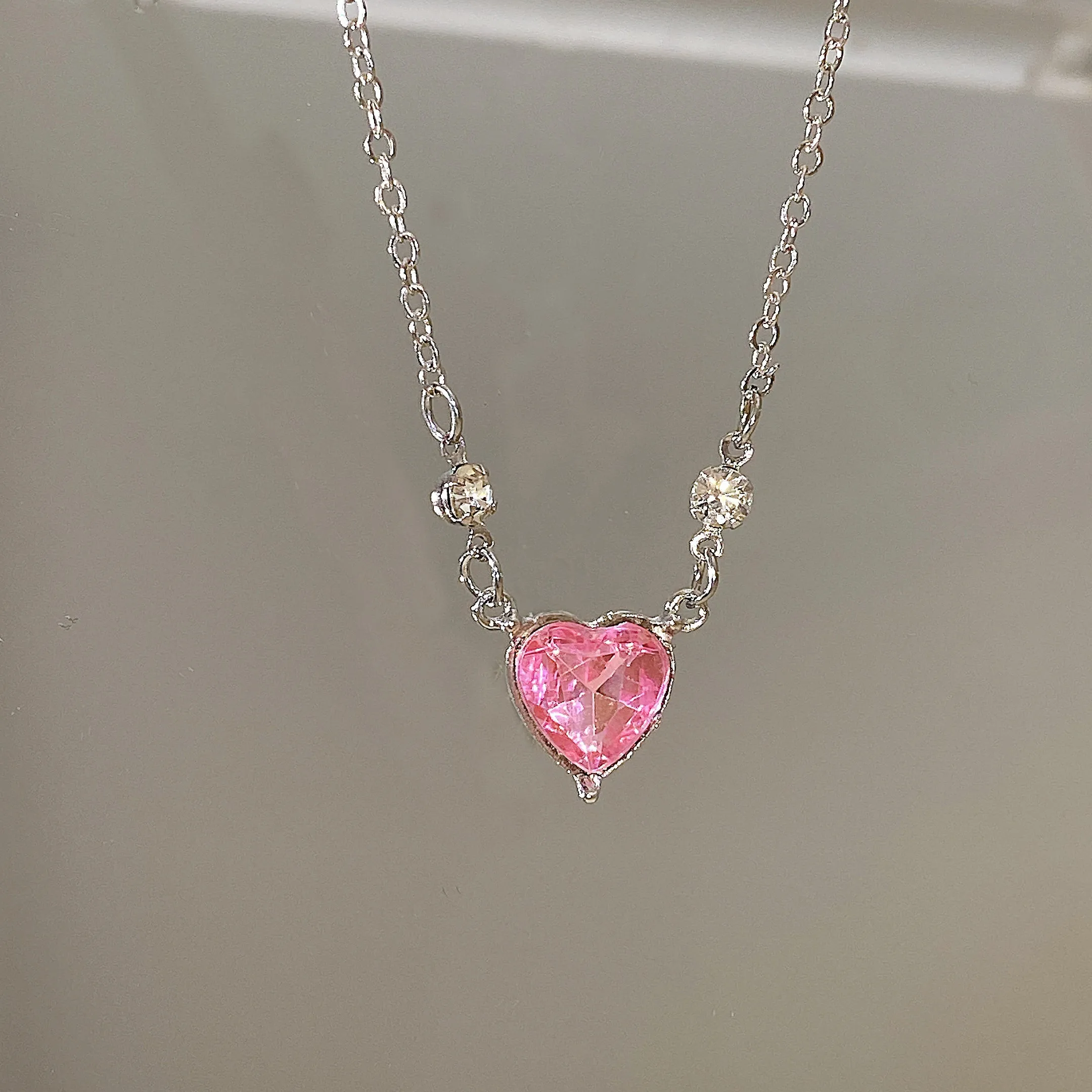 Y2K Style Pink Love Heart Zircon Necklace Punk Design Ear Decoration For Women Girls