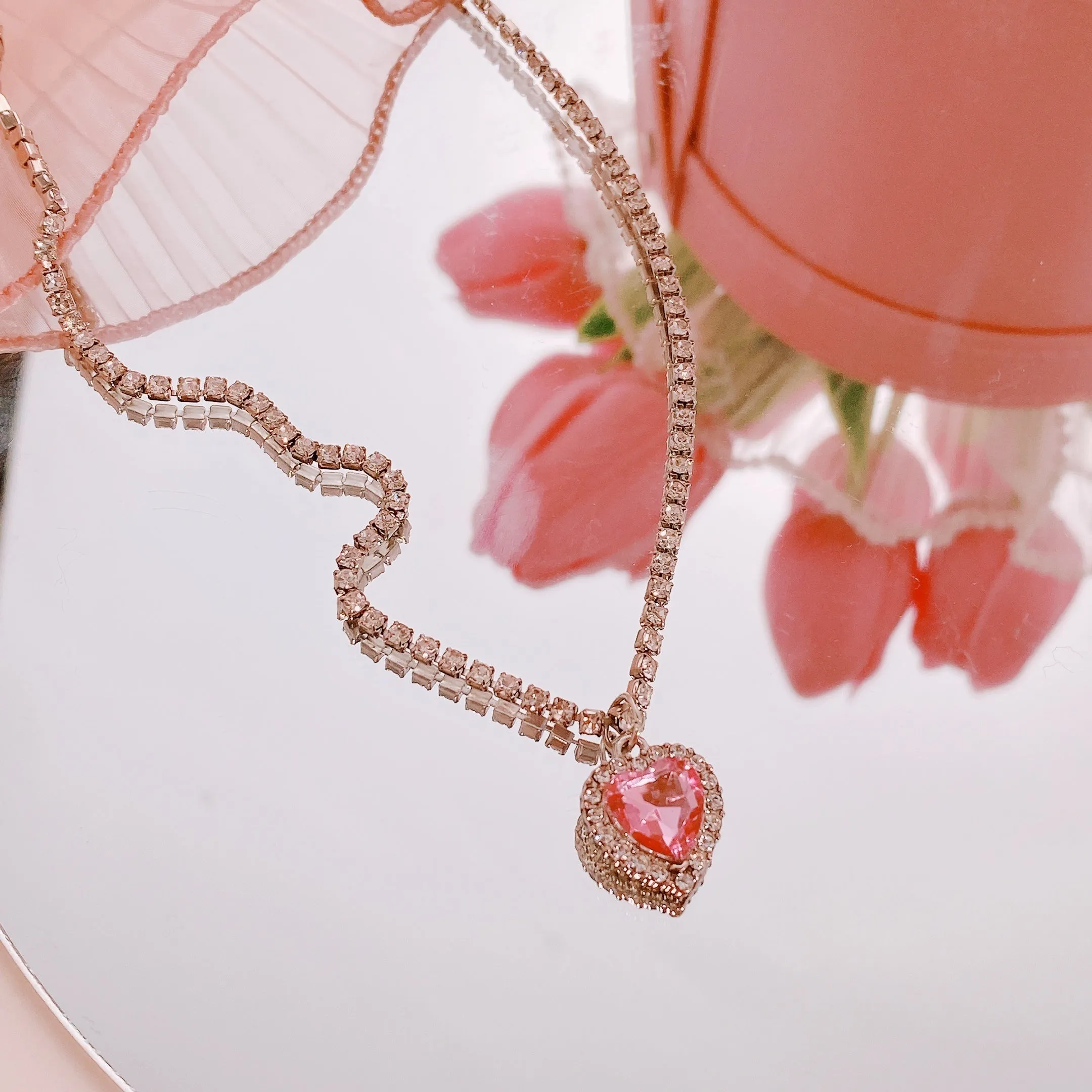 Y2K Style Pink Love Heart Zircon Necklace Punk Design Ear Decoration For Women Girls