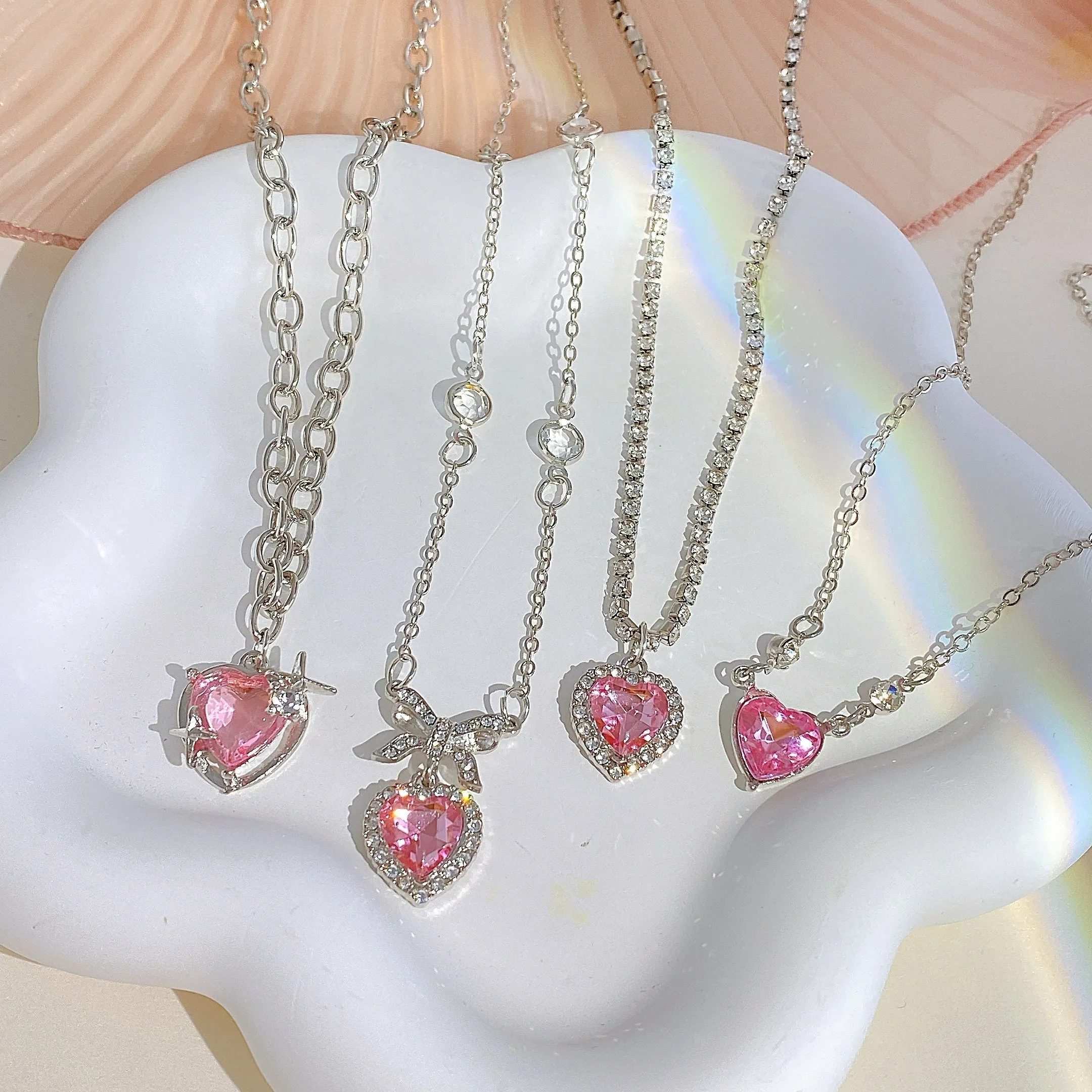 Y2K Style Pink Love Heart Zircon Necklace Punk Design Ear Decoration For Women Girls