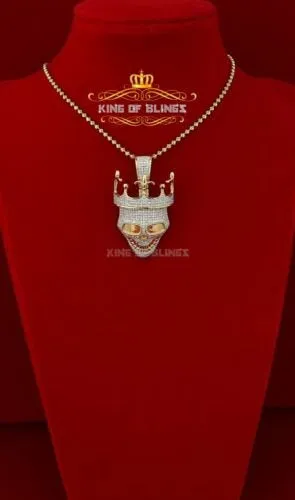 Yellow Sterling Silver Skull Crown Hat sign Pendant with 3.34ct Cubic Zirconia