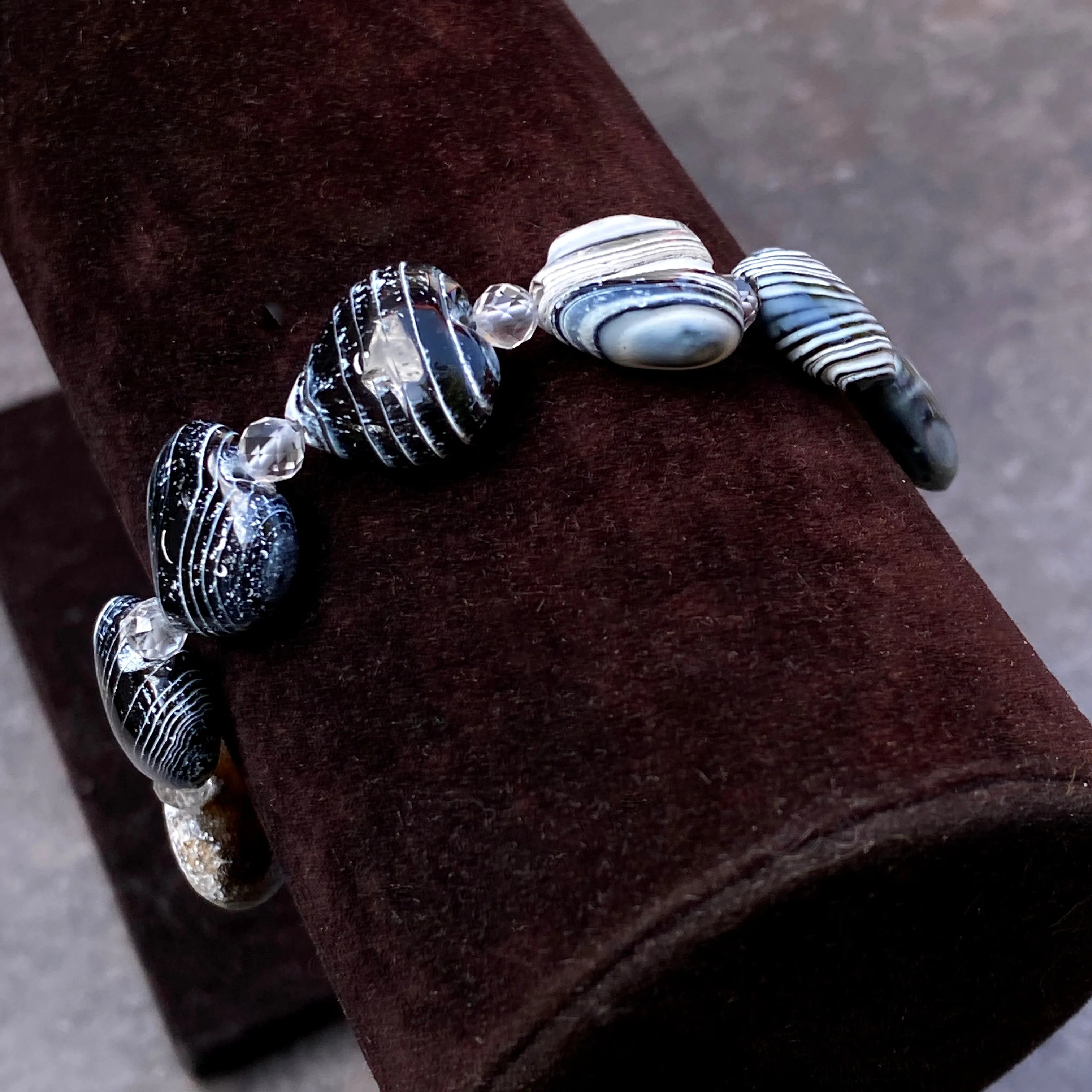 Zebra Fire Agate Gemstone Hearts, White Topaz, and Oxidized Sterling Silver