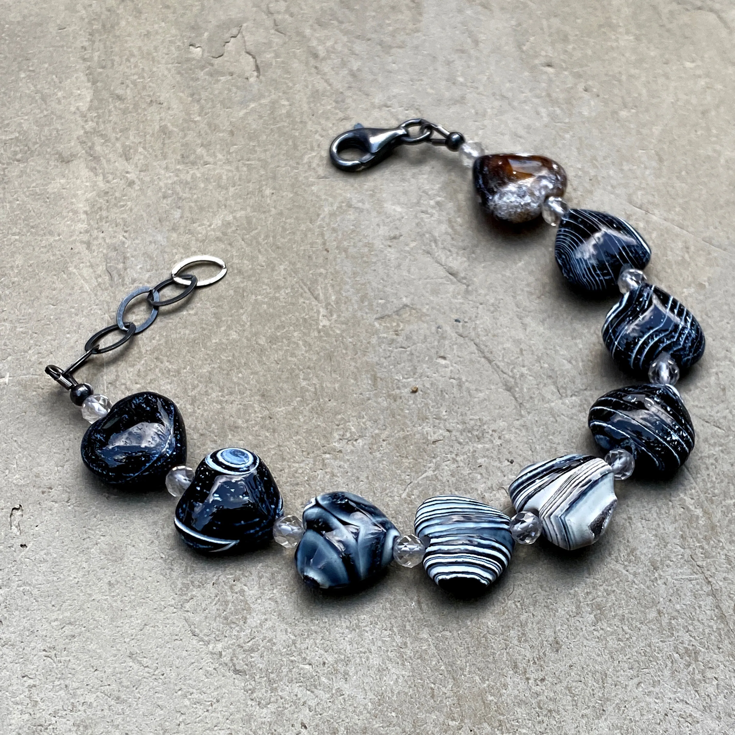 Zebra Fire Agate Gemstone Hearts, White Topaz, and Oxidized Sterling Silver